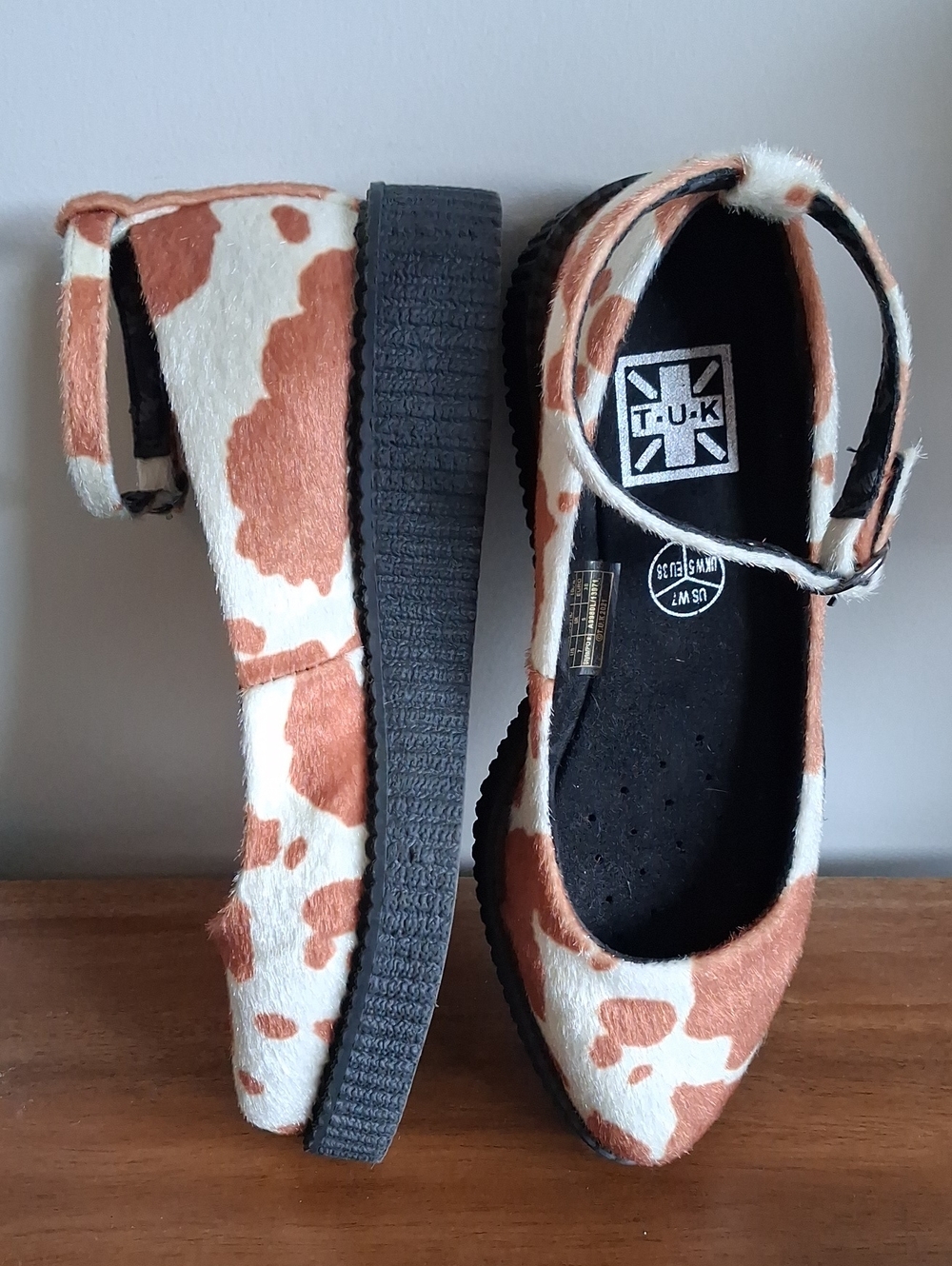 T.U.K. Brown Cow Print Pointed Ankle Strap Ballet Creeper ** Size 7